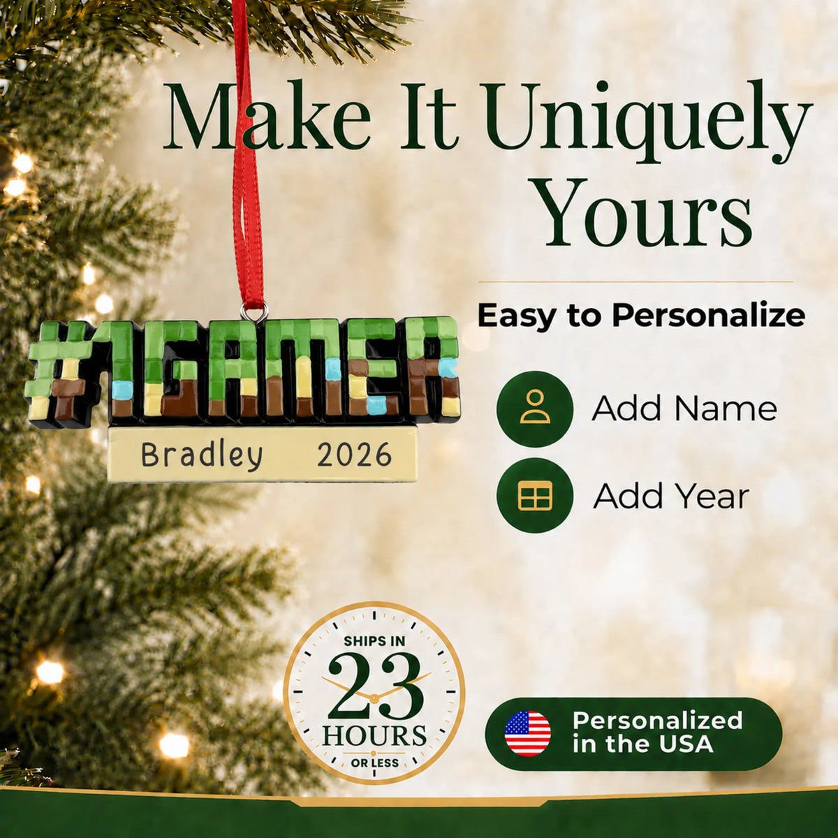 Make it yours: add name and year to the personalized pixel block gamer christmas ornament