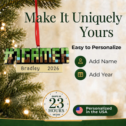 Make it yours: add name and year to the personalized pixel block gamer christmas ornament