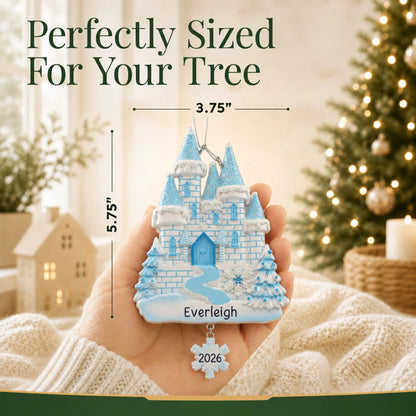 Size guide: the personalized ice castle christmas ornament is 3.75 in wide by 5.75 in tall, shown in hand