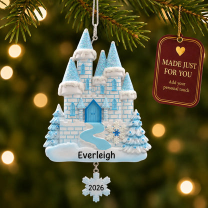 Ice castle christmas ornament hanging on a lit Christmas tree with a Made Just For You gift tag