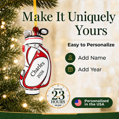 Make it yours: add name and year to the personalized white golf bag christmas ornament