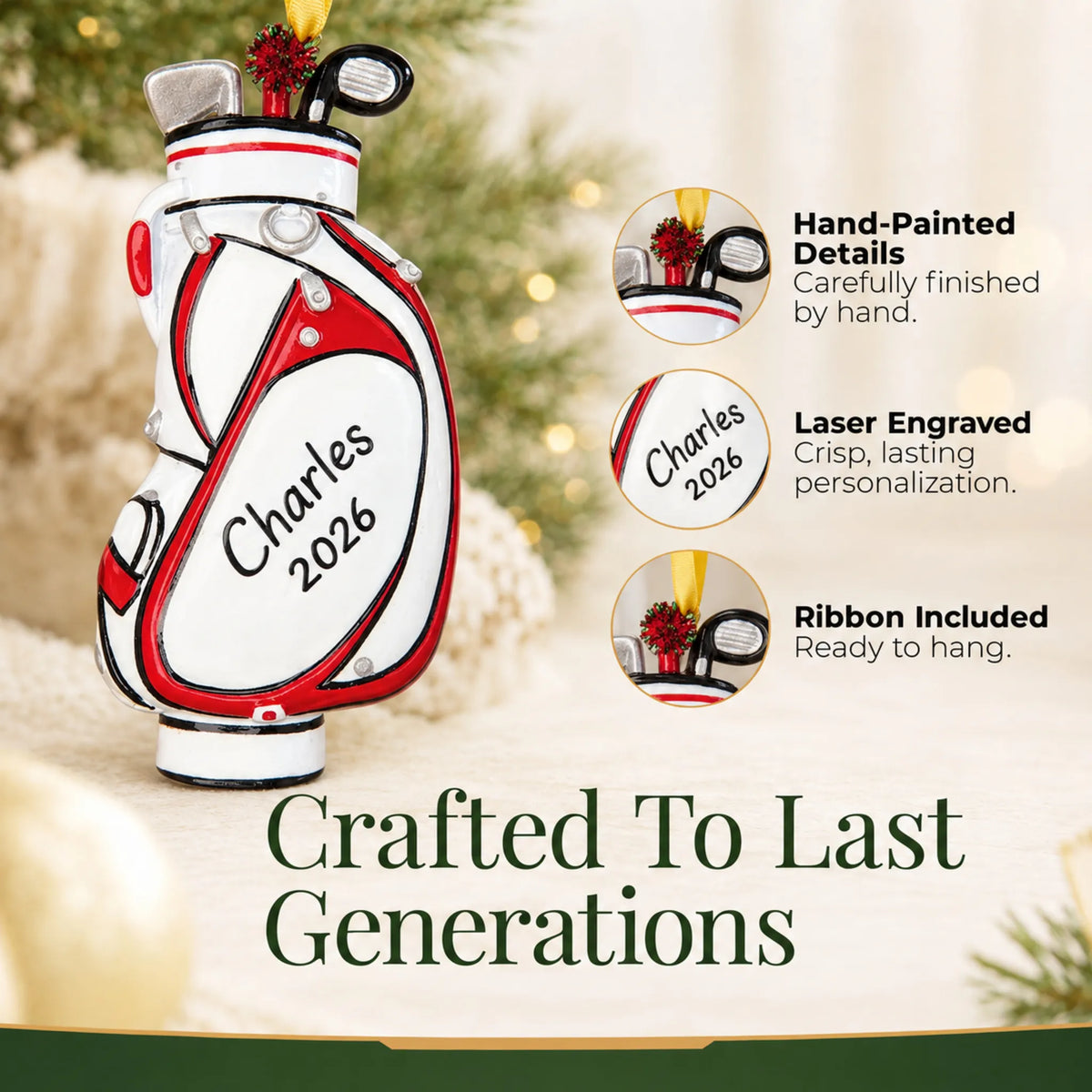 Hand-painted details and laser engraved personalization on the white golf bag christmas ornament, ribbon included