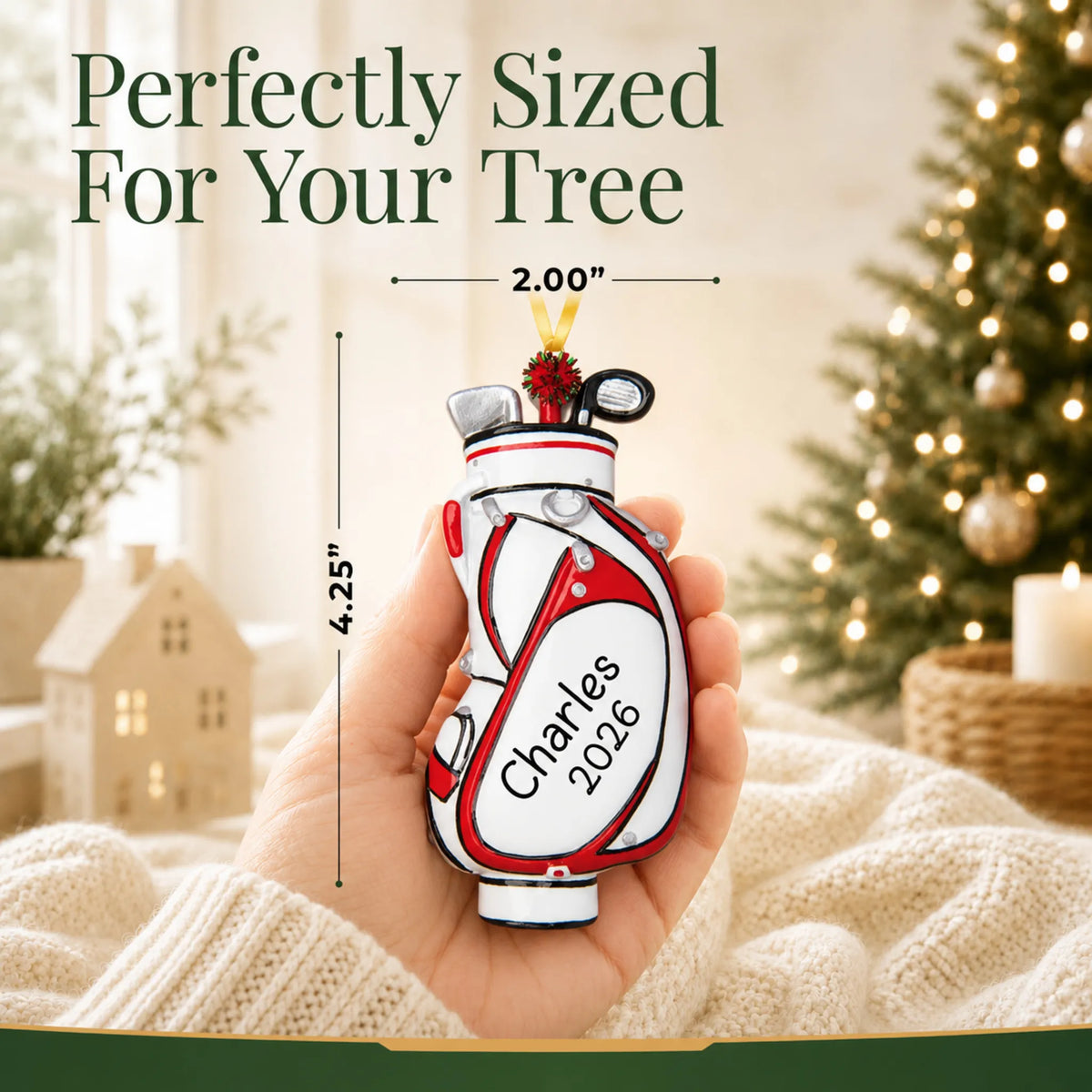 Size guide: the personalized white golf bag christmas ornament is 2.00 in wide by 4.25 in tall, shown in hand