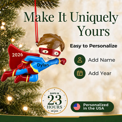Make it yours: add name and year to the personalized super hero christmas ornament