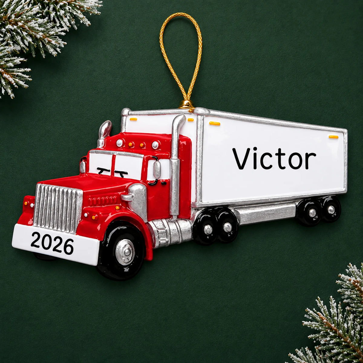 Personalized semi truck driver christmas ornament on a dark green pine background