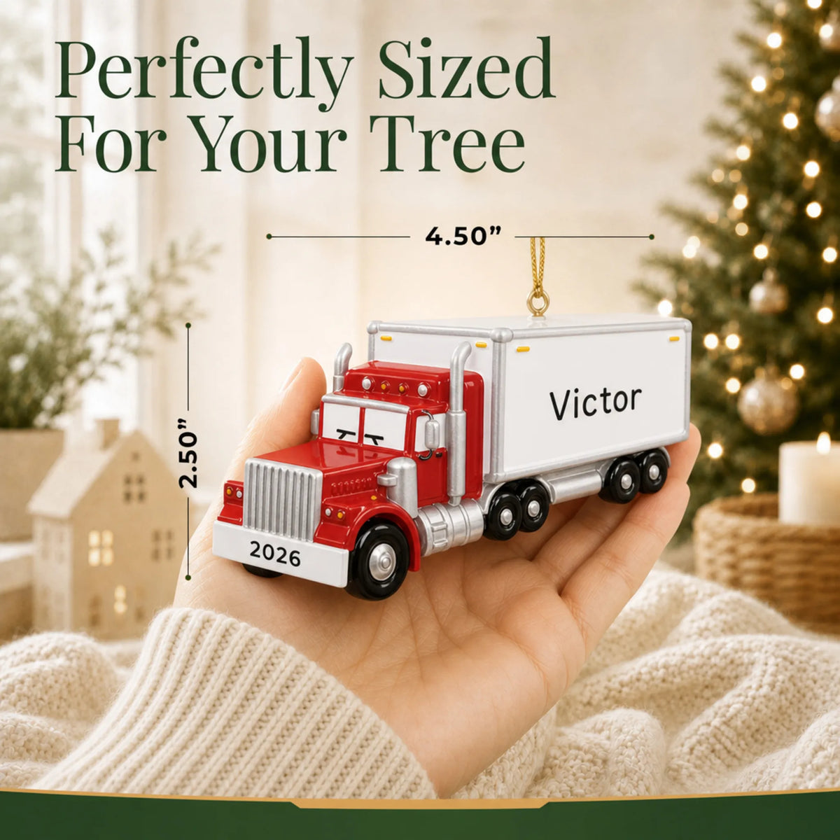 Size guide: the personalized semi truck driver christmas ornament is 4.50 in wide by 2.50 in tall, shown in hand
