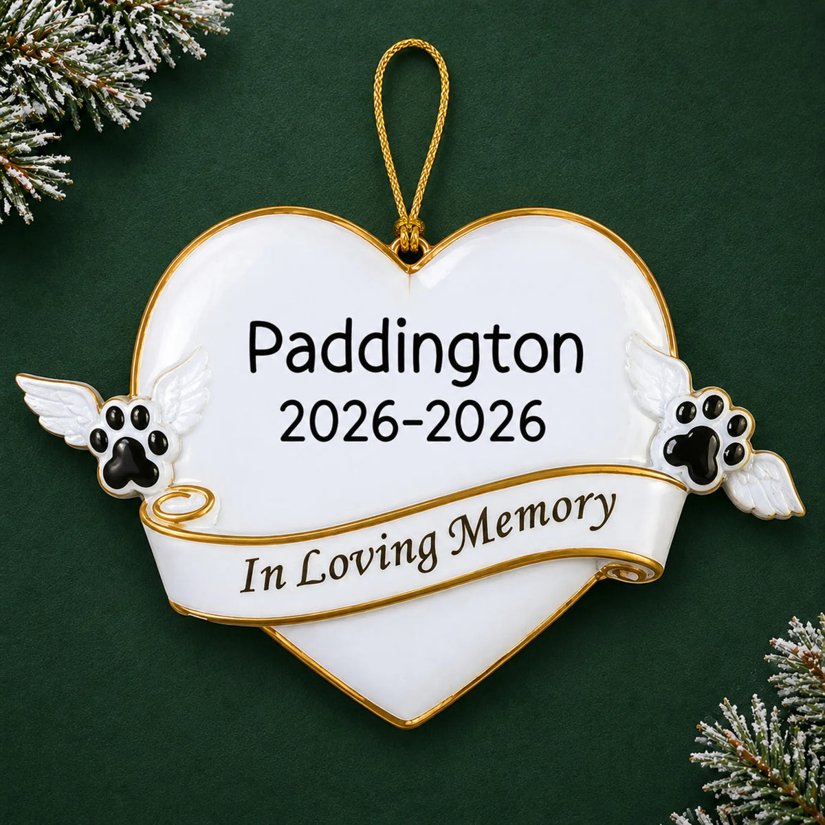 Personalized Pet Memorial christmas ornament on a dark green pine background