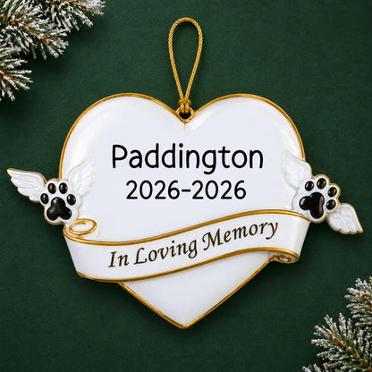 Personalized Pet Memorial christmas ornament on a dark green pine background