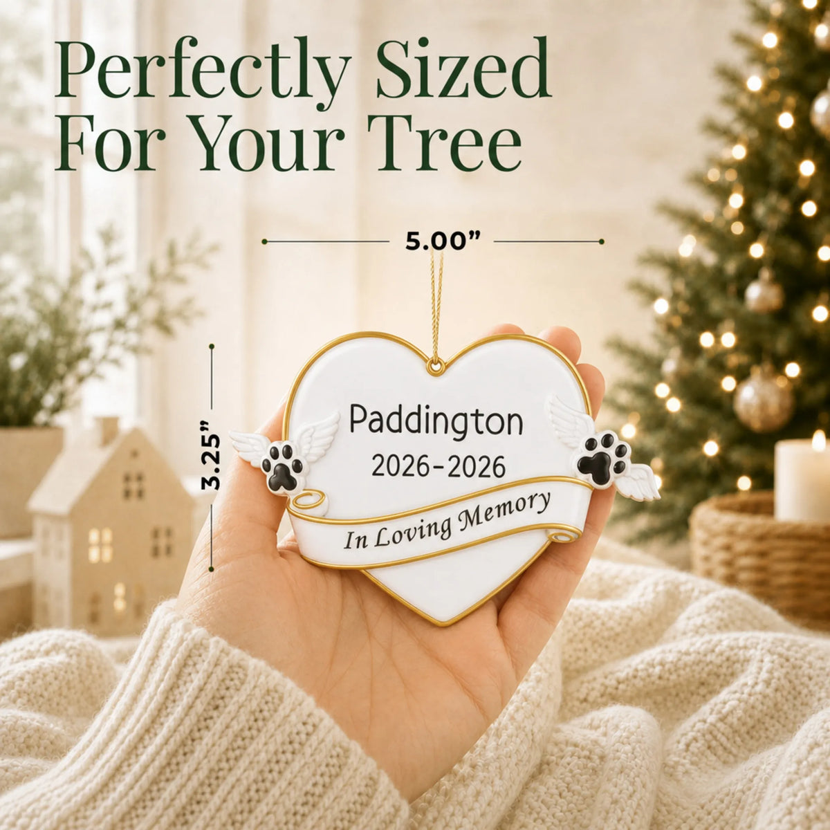 Size guide: the personalized Pet Memorial christmas ornament is 5.00 in wide by 3.25 in tall, shown in hand