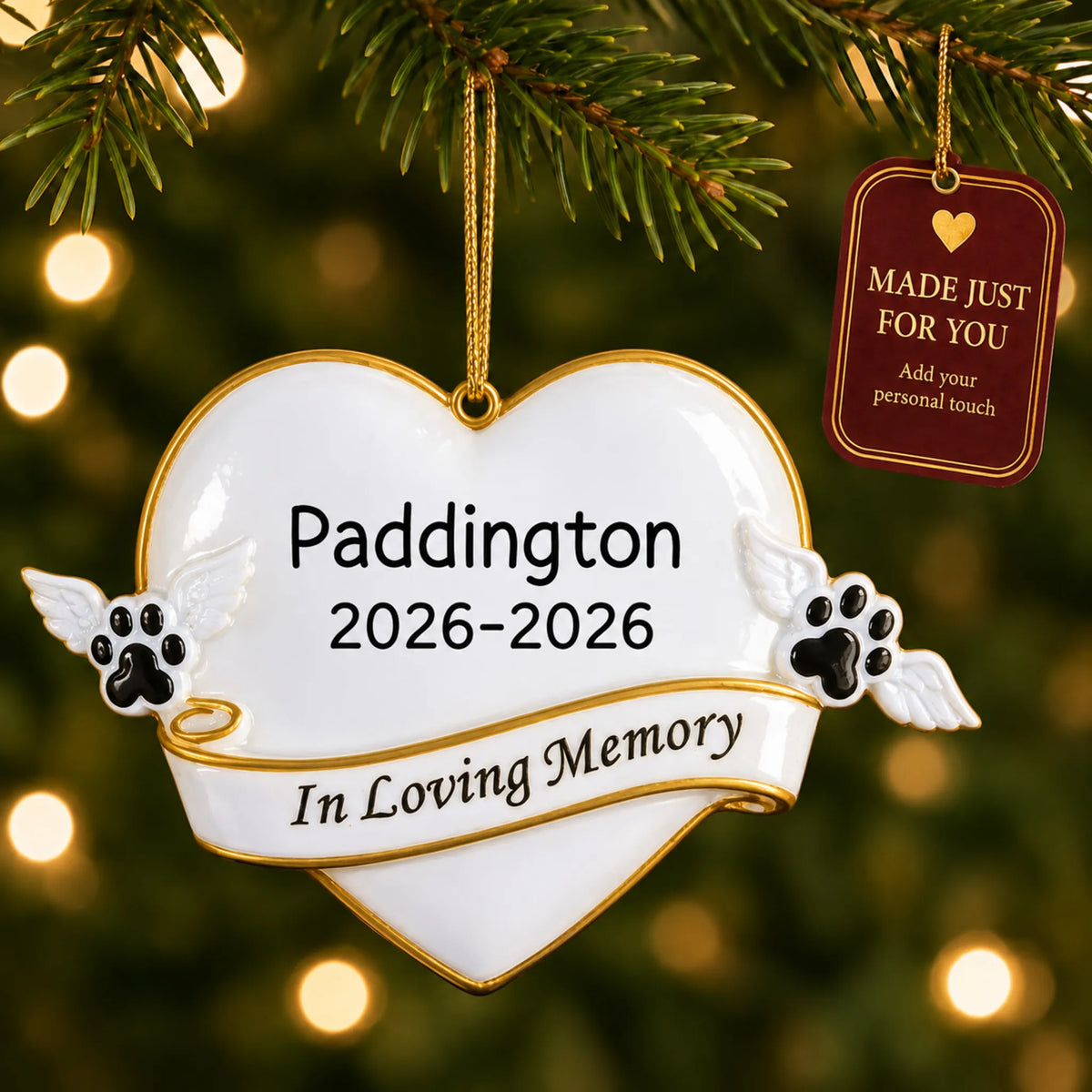 Pet Memorial christmas ornament hanging on a lit Christmas tree with a Made Just For You gift tag