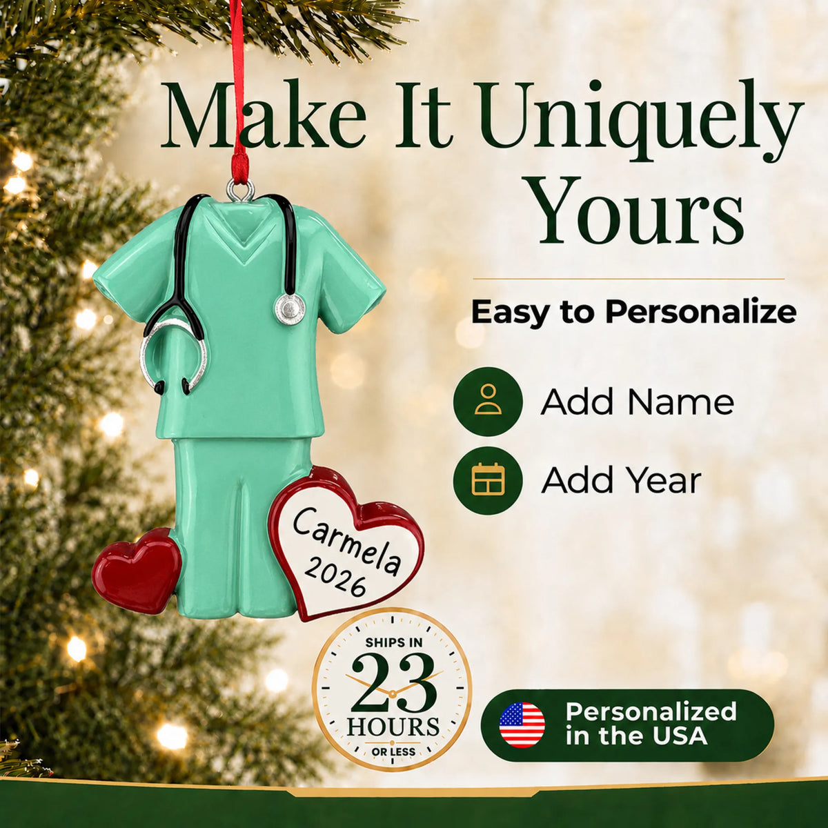 Make it yours: add name and year to the personalized green scrubs christmas ornament