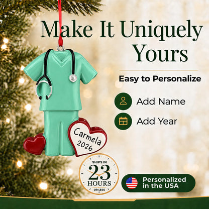 Make it yours: add name and year to the personalized green scrubs christmas ornament