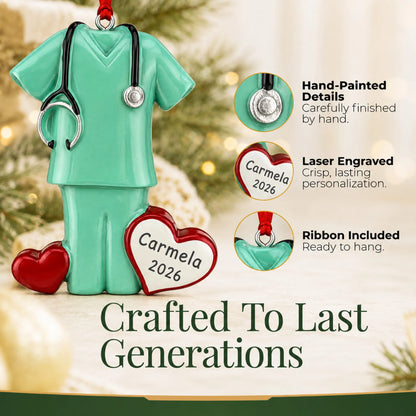 Hand-painted details and laser engraved personalization on the green scrubs christmas ornament, ribbon included