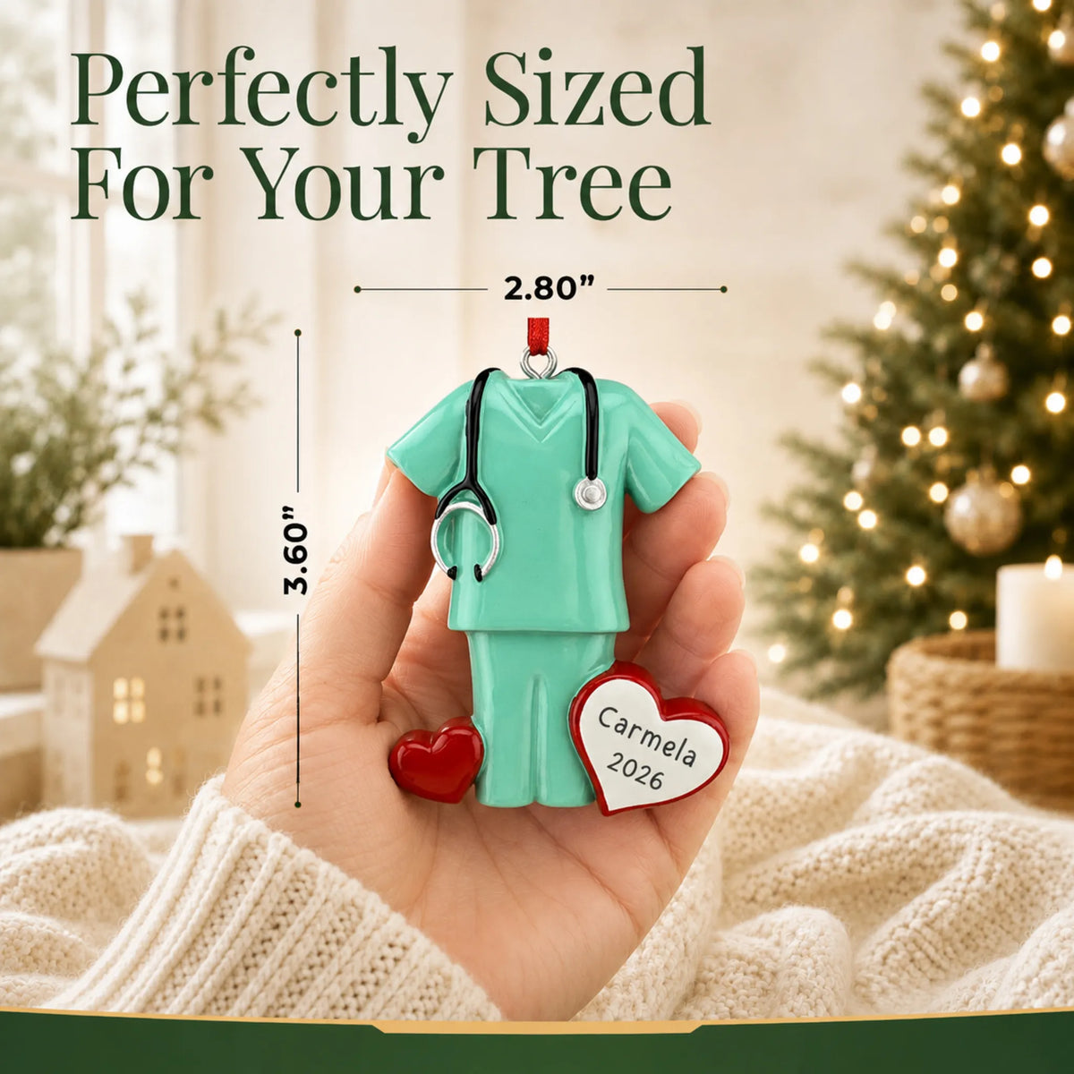 Size guide: the personalized green scrubs christmas ornament is 2.80 in wide by 3.60 in tall, shown in hand