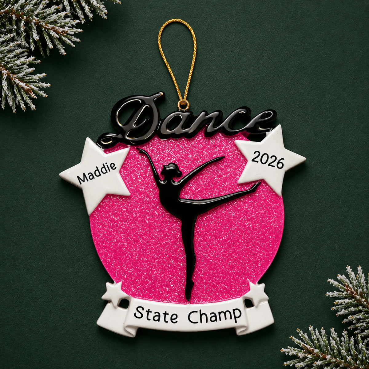 Personalized dance silhouette christmas ornament on a dark green pine background