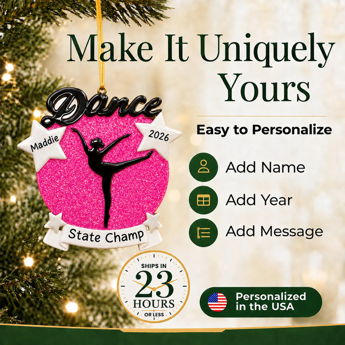 Make it yours: add name, message and year to the personalized dance silhouette christmas ornament