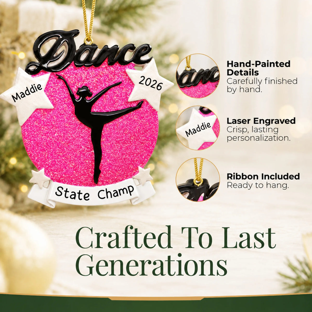 Hand-painted details and laser engraved personalization on the dance silhouette christmas ornament, ribbon included