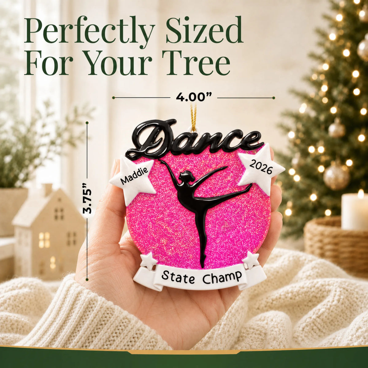 Size guide: the personalized dance silhouette christmas ornament is 4.00 in wide by 3.75 in tall, shown in hand