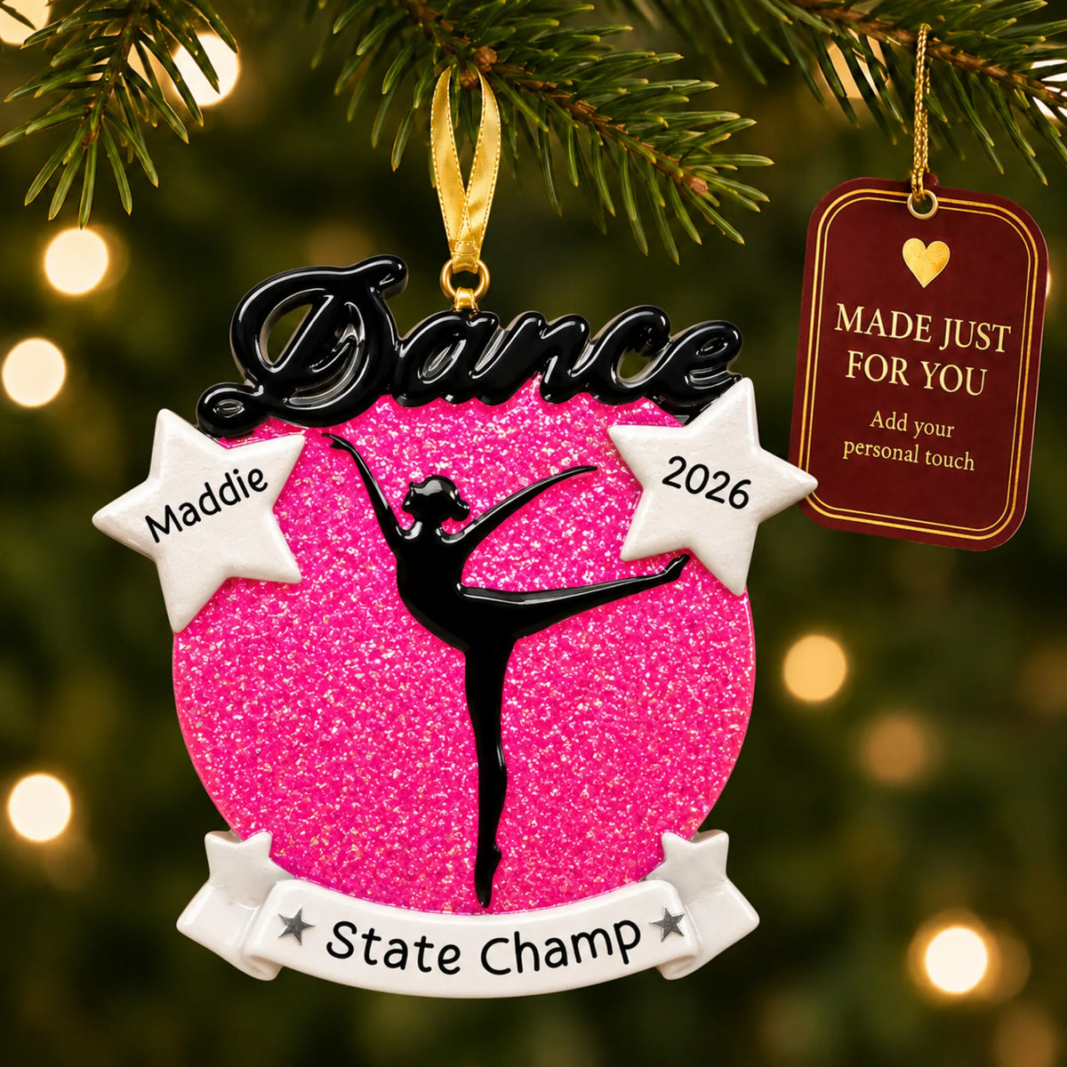 Dance silhouette christmas ornament hanging on a lit Christmas tree with a Made Just For You gift tag