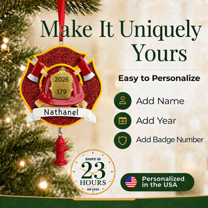Make it yours: add name, badge number and year to the personalized firefighter emblem christmas ornament