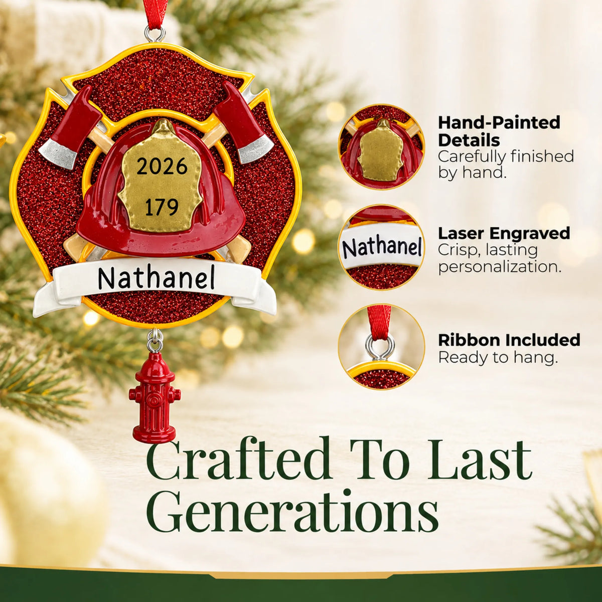 Hand-painted details and laser engraved personalization on the firefighter emblem christmas ornament, ribbon included