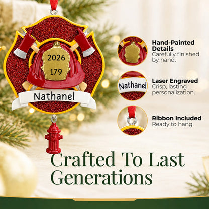 Hand-painted details and laser engraved personalization on the firefighter emblem christmas ornament, ribbon included
