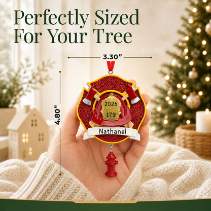 Size guide: the personalized firefighter emblem christmas ornament is 3.30 in wide by 4.80 in tall, shown in hand