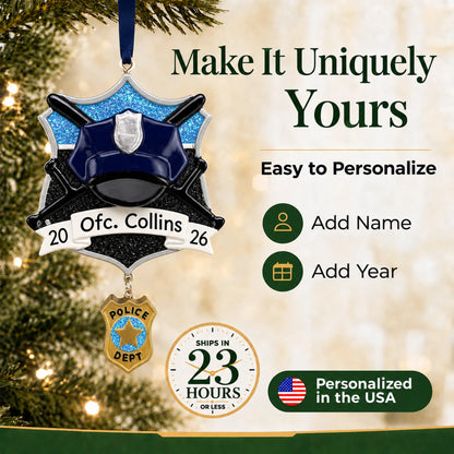 Make it yours: add name and year to the personalized police officer christmas ornament
