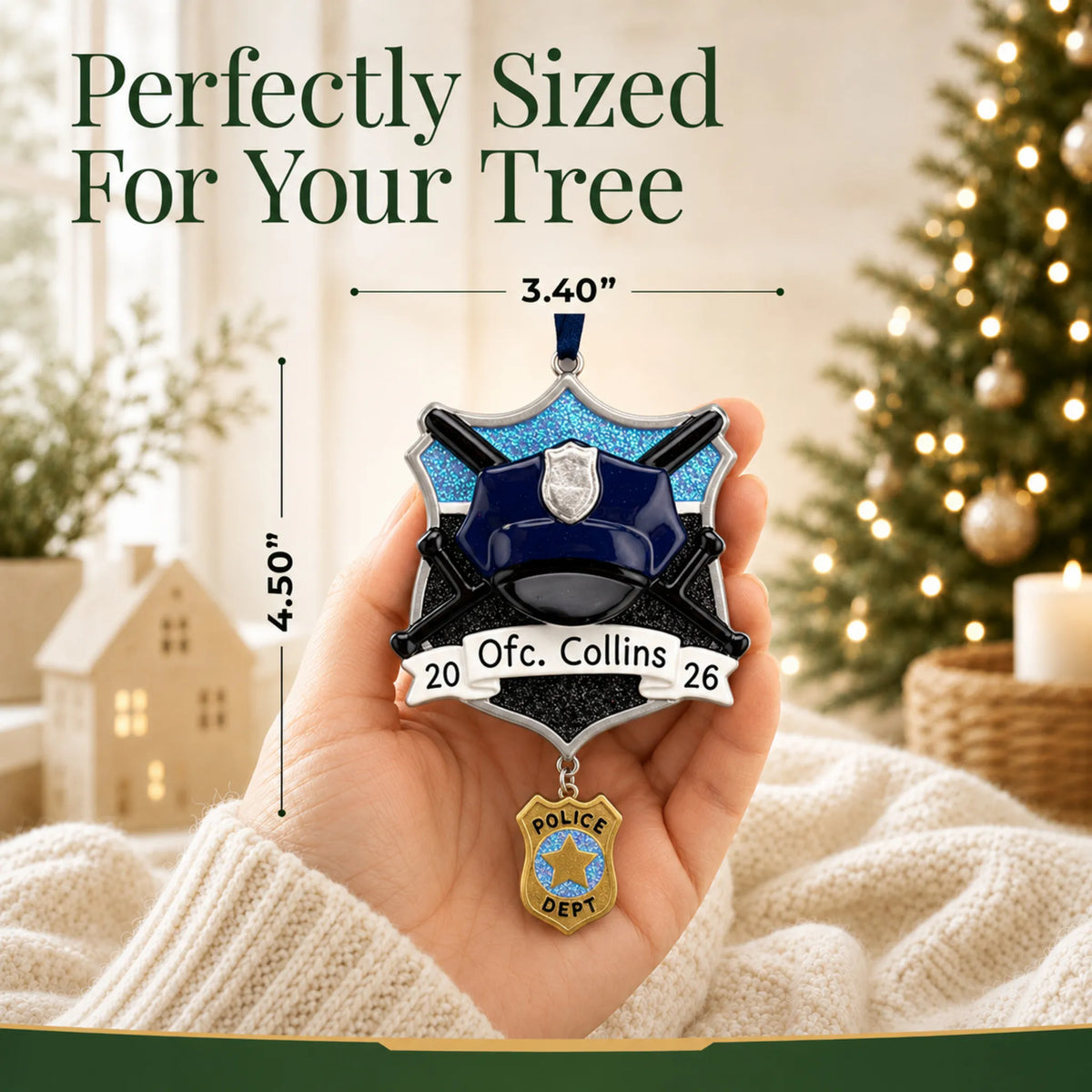 Size guide: the personalized police officer christmas ornament shown in hand next to a Christmas tree