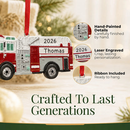 Hand-painted details and laser engraved personalization on the firetruck christmas ornament, ribbon included