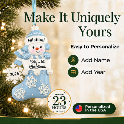 Make it yours: add name and year to the personalized blue snowman baby's 1st christmas ornament
