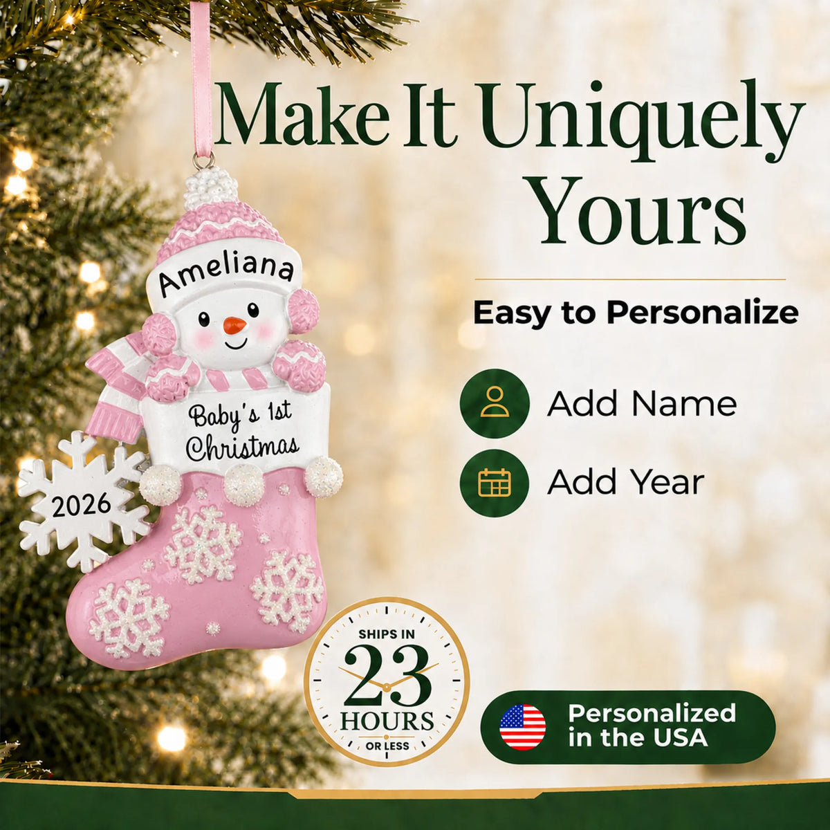Make it yours: add name and year to the personalized pink snowman baby's 1st christmas ornament