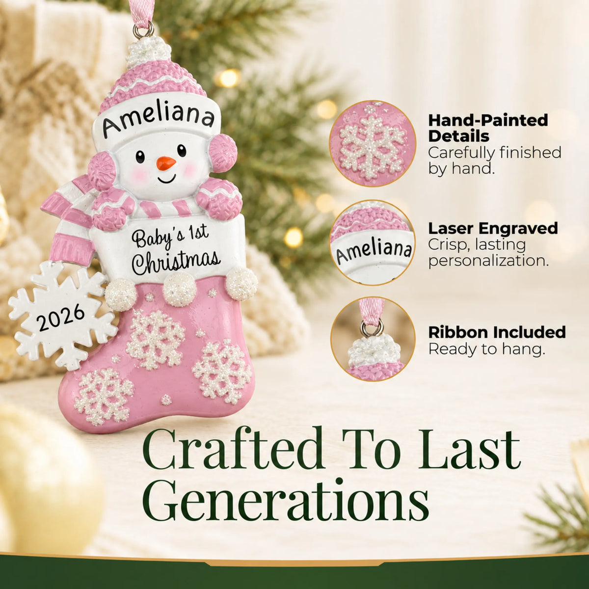 Hand-painted details and laser engraved personalization on the pink snowman baby's 1st christmas ornament, ribbon included