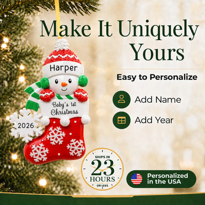 Make it yours: add name and year to the personalized red snowman baby's 1st christmas ornament