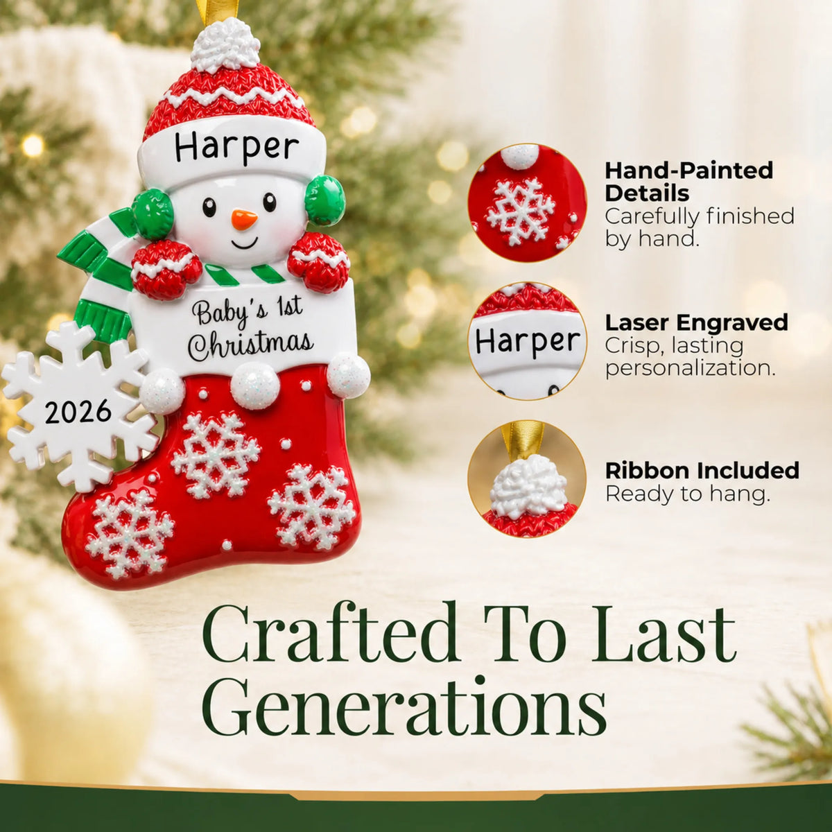 Hand-painted details and laser engraved personalization on the red snowman baby's 1st christmas ornament, ribbon included