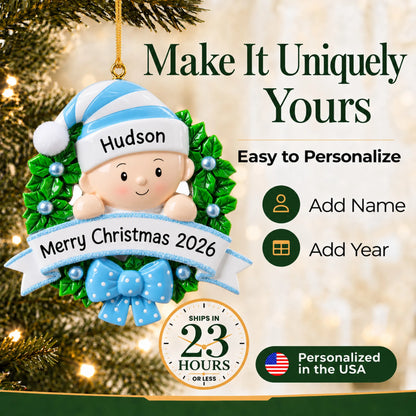 Make it yours: add name and year to the personalized blue baby boy wreath christmas ornament