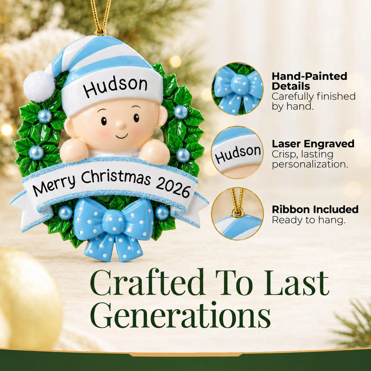 Hand-painted details and laser engraved personalization on the blue baby boy wreath christmas ornament, ribbon included