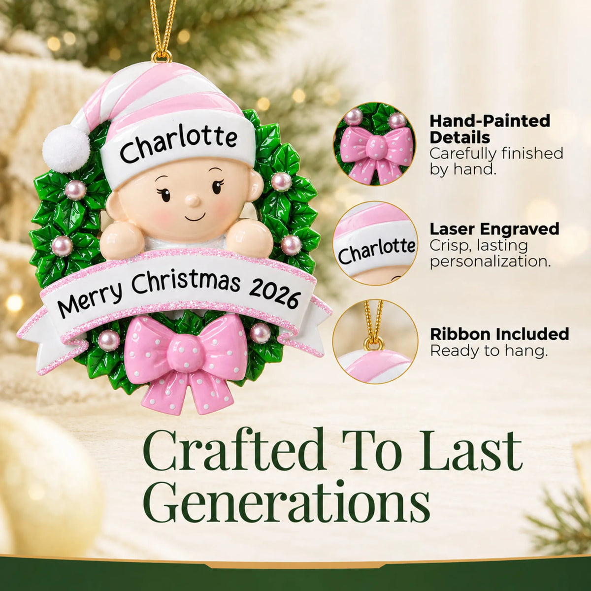 Hand-painted details and laser engraved personalization on the pink baby girl wreath christmas ornament, ribbon included