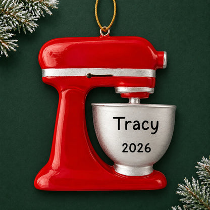 Personalized Food Mixer christmas ornament on a dark green pine background