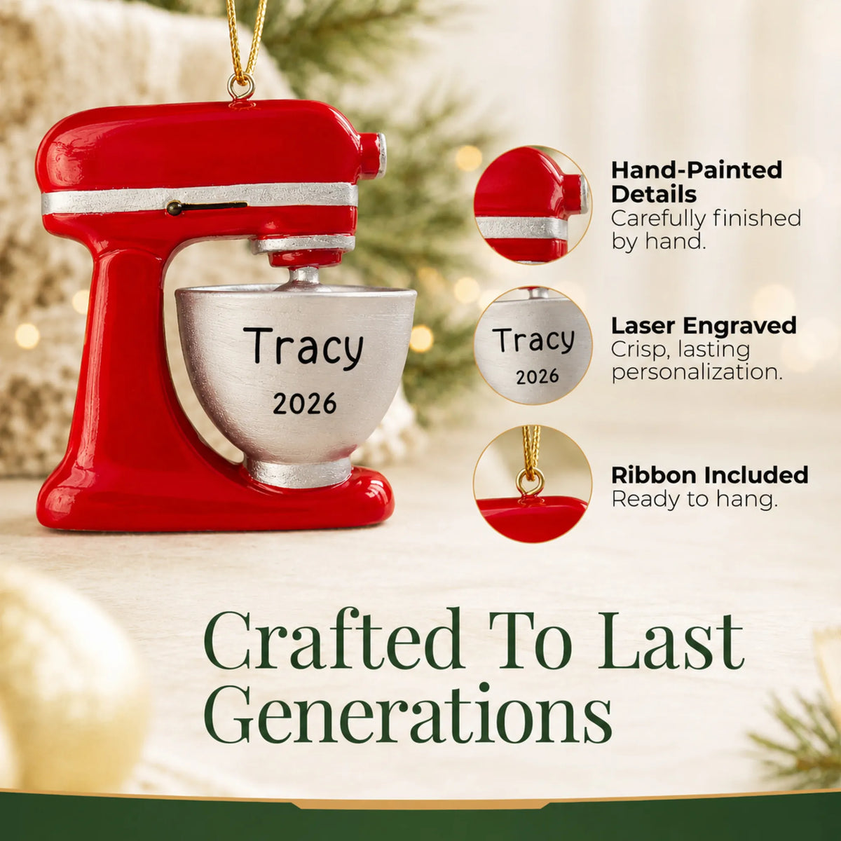 Hand-painted details and laser engraved personalization on the Food Mixer christmas ornament, ribbon included