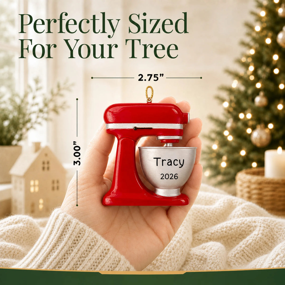 Size guide: the personalized Food Mixer christmas ornament is 2.75 in wide by 3.00 in tall, shown in hand