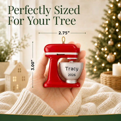Size guide: the personalized Food Mixer christmas ornament is 2.75 in wide by 3.00 in tall, shown in hand