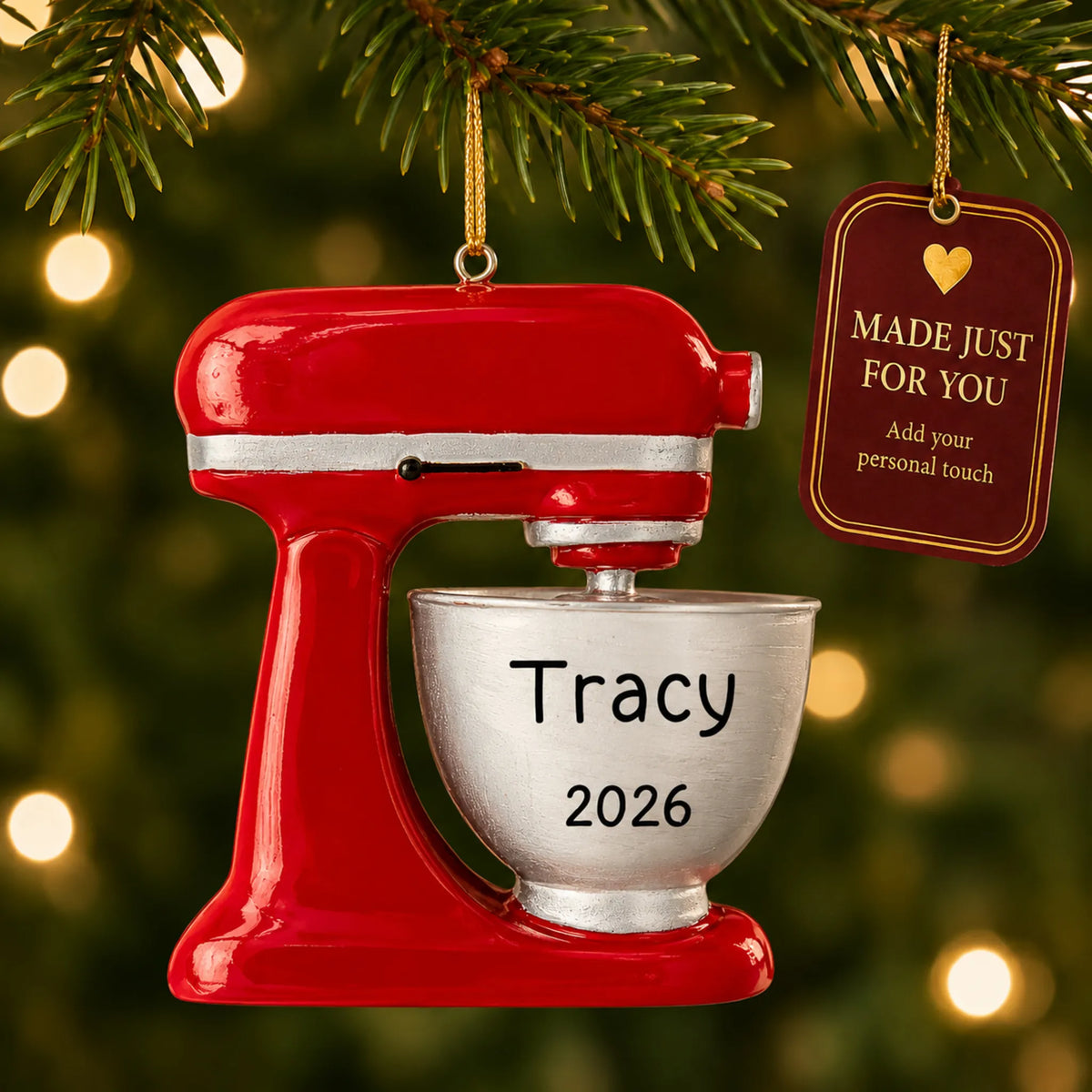 Food Mixer christmas ornament hanging on a lit Christmas tree with a Made Just For You gift tag
