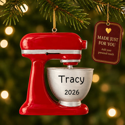 Food Mixer christmas ornament hanging on a lit Christmas tree with a Made Just For You gift tag