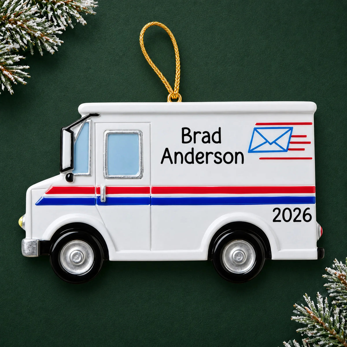 Personalized postal worker mail truck christmas ornament on a dark green pine background