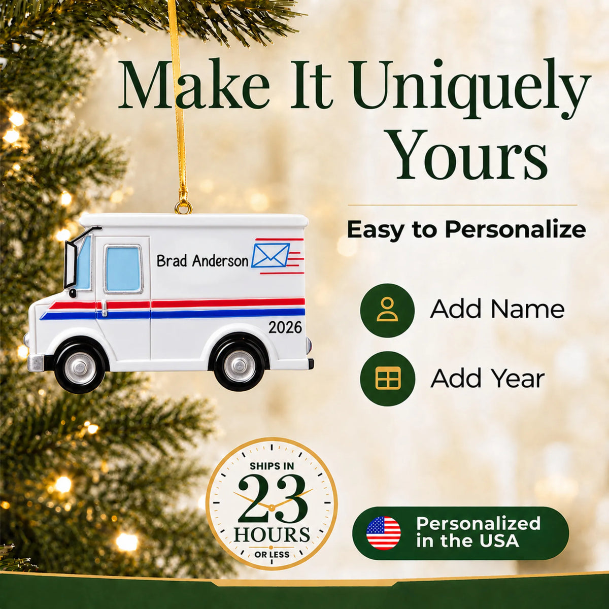 Make it yours: add name and year to the personalized postal worker mail truck christmas ornament
