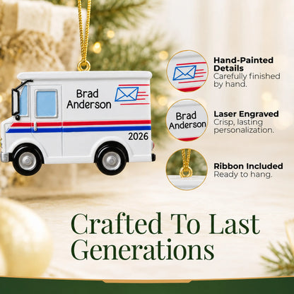 Hand-painted details and laser engraved personalization on the postal worker mail truck christmas ornament, ribbon included
