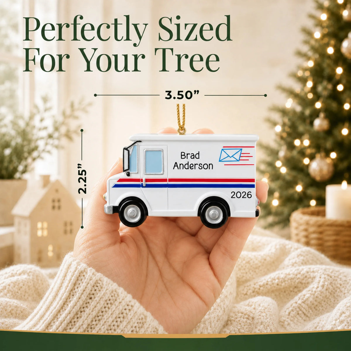 Size guide: the personalized postal worker mail truck christmas ornament is 3.50 in wide by 2.25 in tall, shown in hand