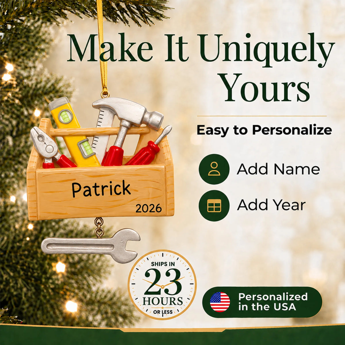 Make it yours: add name and year to the personalized handyman tool box christmas ornament