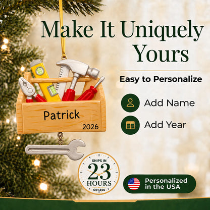 Make it yours: add name and year to the personalized handyman tool box christmas ornament